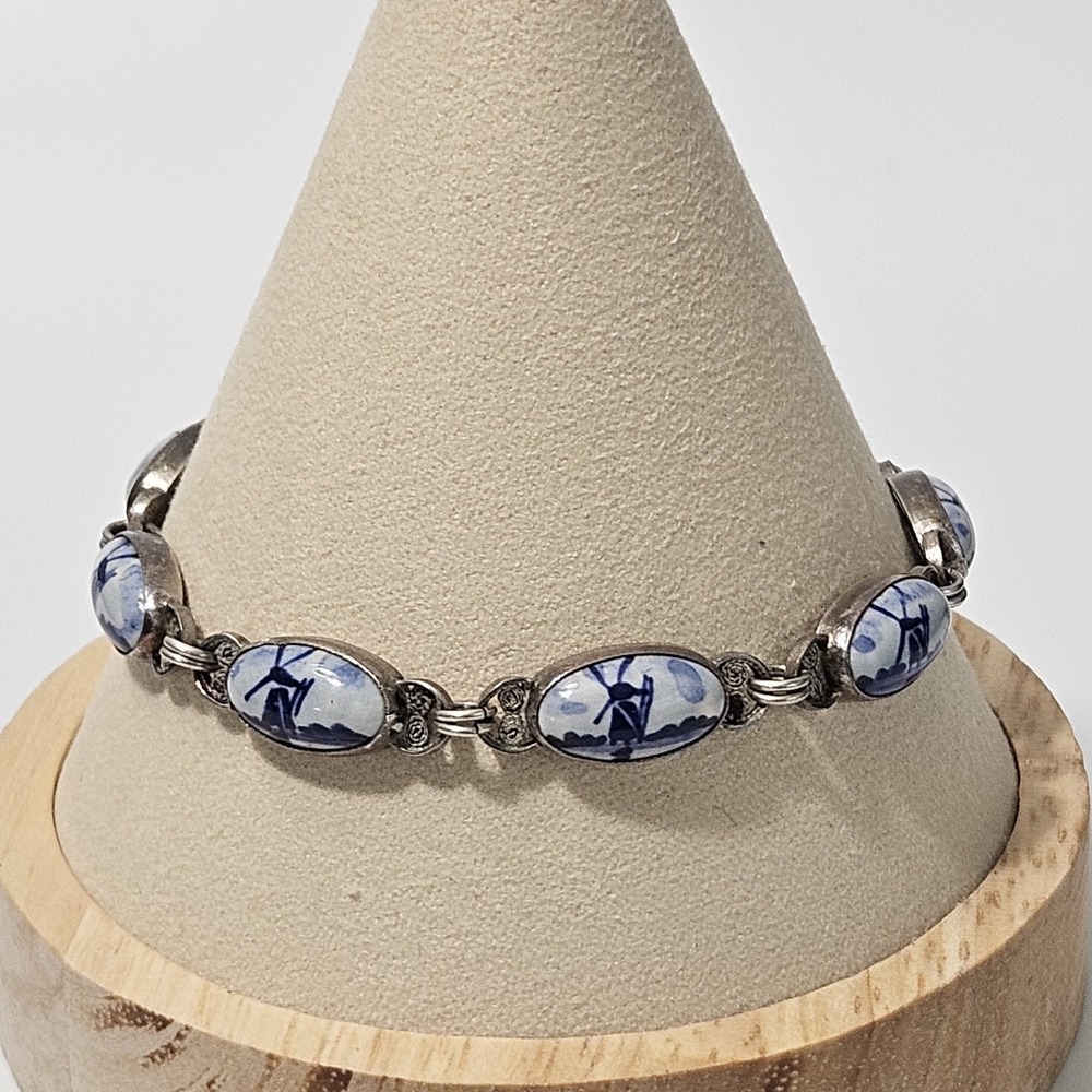 Vintage Dutch Delft Blue Bracelet Filagree Porcelain Windmill 835 Silver 7"